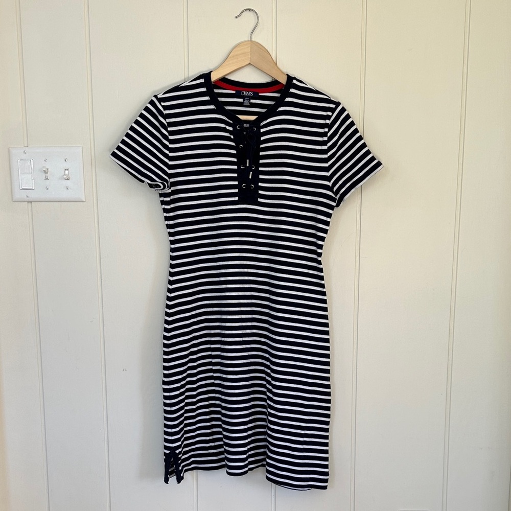 Chaps Navy and White Striped Dress